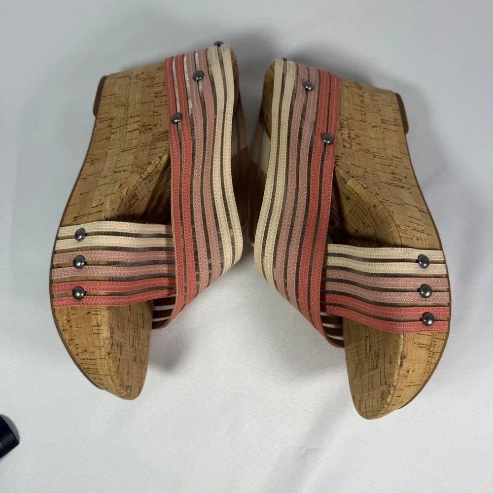 Lucky Brand‎ Myraia Cork Wedge Sandals Pink Coral Striped Elastic Straps 8.5M